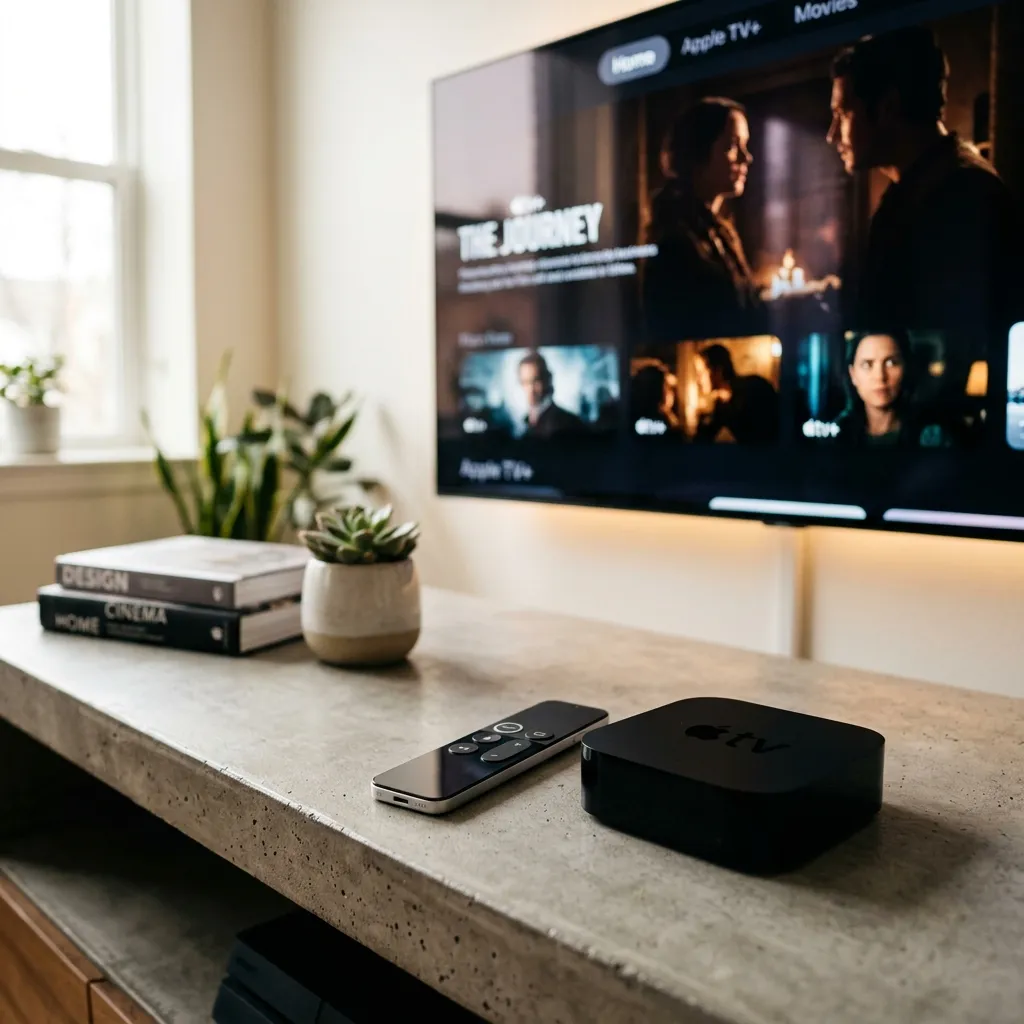 IPTV Apple TV einrichten: Apple TV Box und Siri Remote auf einem minimalistischen TV-Rack platziert.