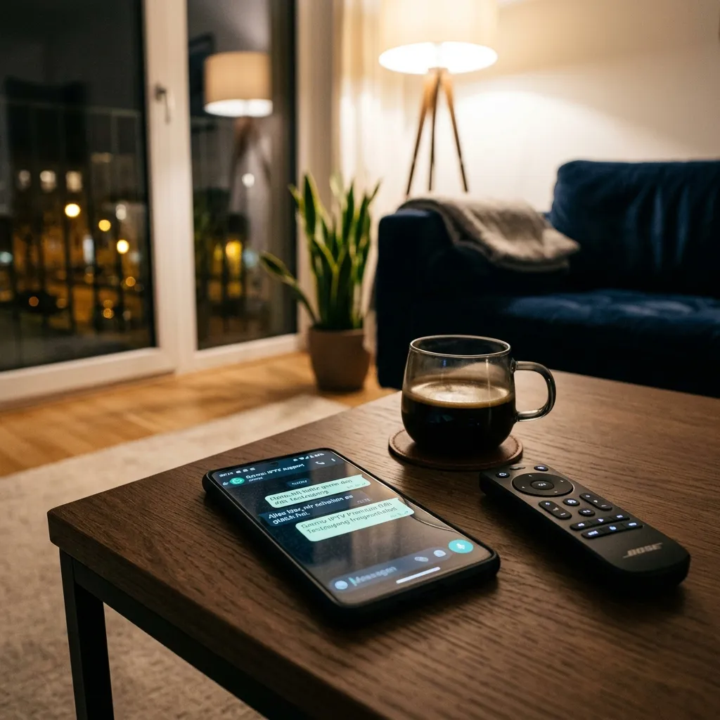 IPTV Testzugang aktivieren: Smartphone zeigt Bestätigung für kostenlosen 24h-Test vor einem Fernseher.