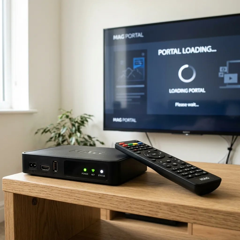 MAG Box einrichten: Rückseite einer MAG-Streamingbox mit angeschlossenen HDMI- und Ethernet-Kabeln.