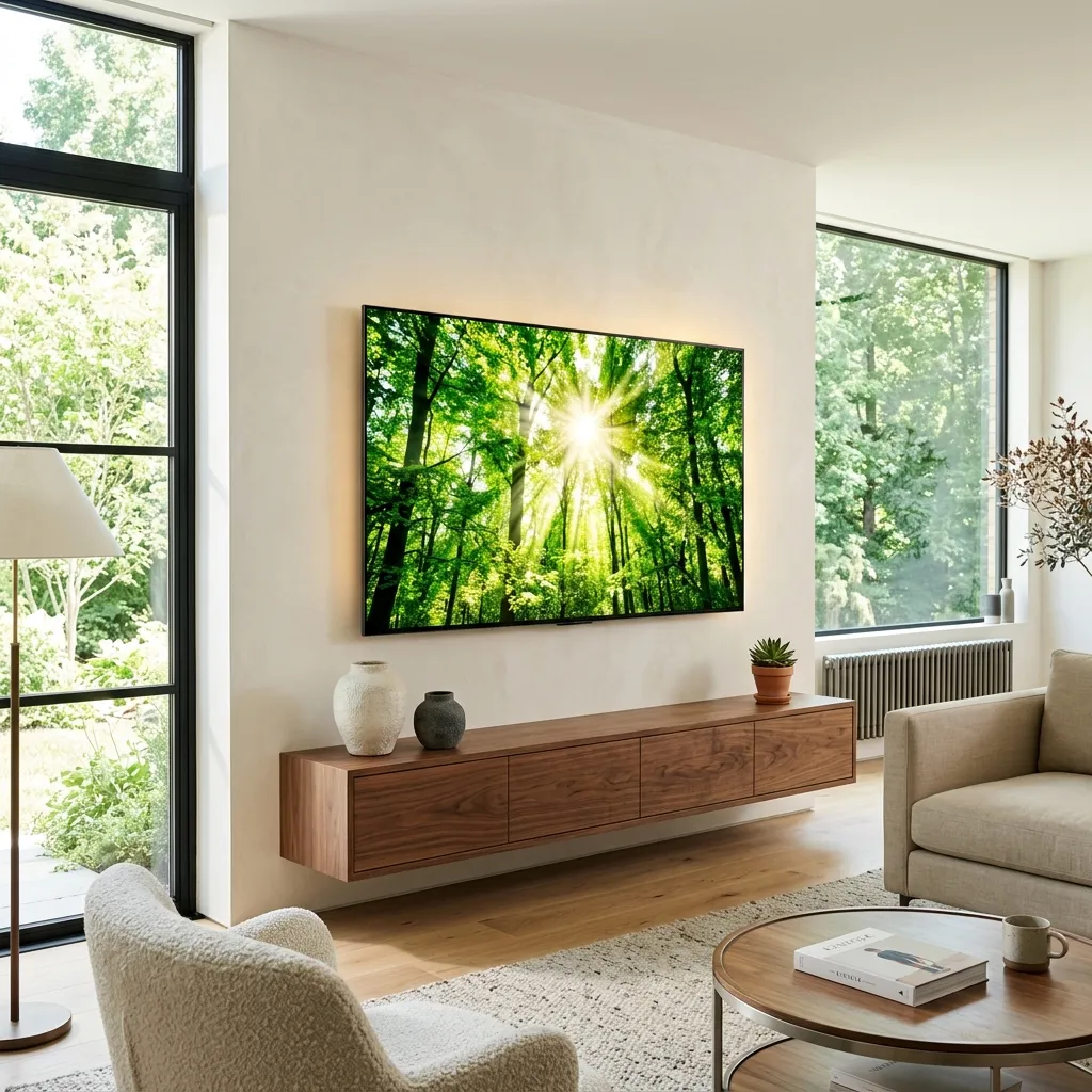 IPTV Smart TV App einrichten: Samsung Fernseher in modernem Wohnzimmer zeigt das installierte Streaming-Menü.