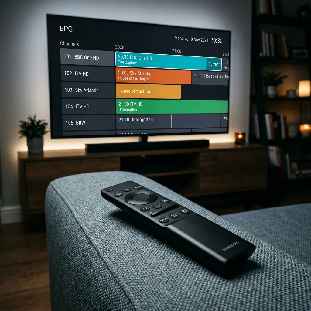 TiviMate IPTV Player Guide: Übersichtliches EPG-Menü und Kanalliste auf dem Fernseher eingerichtet.